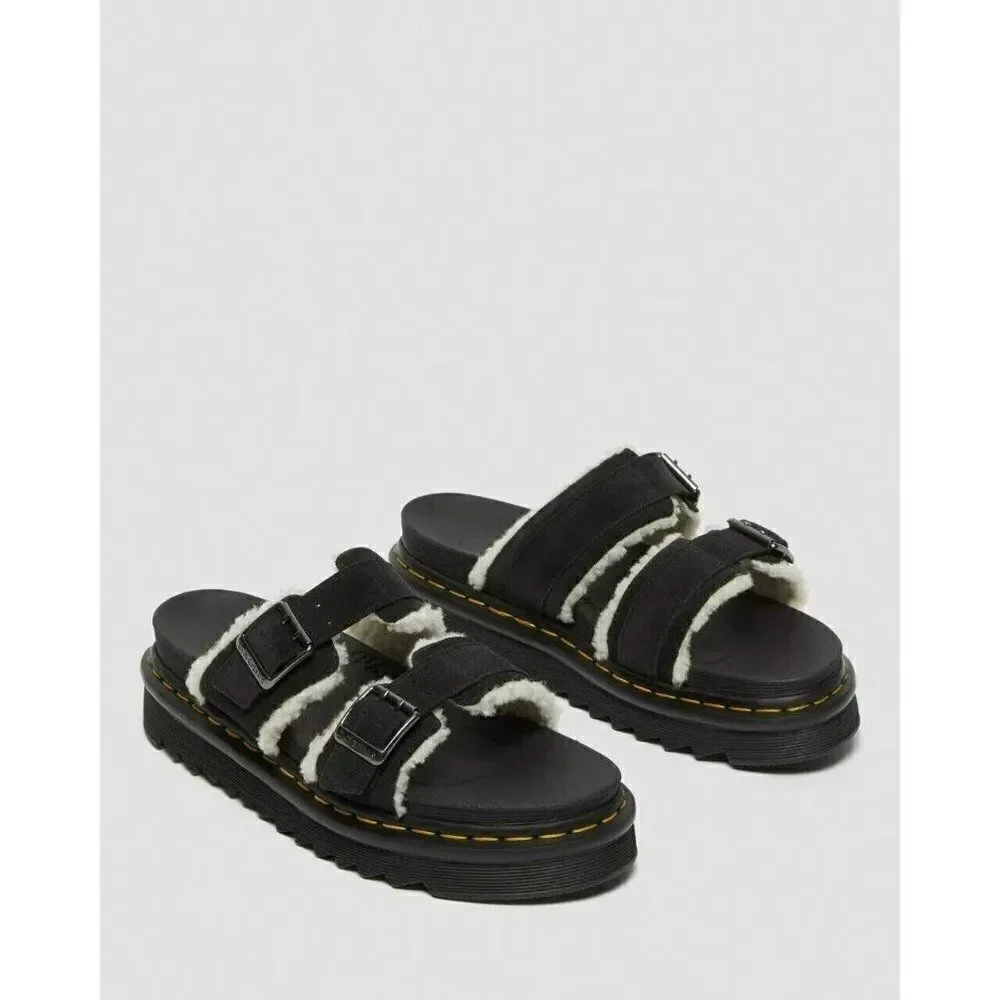 Dr. Martens Myles Sandals Unisex US 13 Black Faux Fur Platform Suede Buckle NIB‎